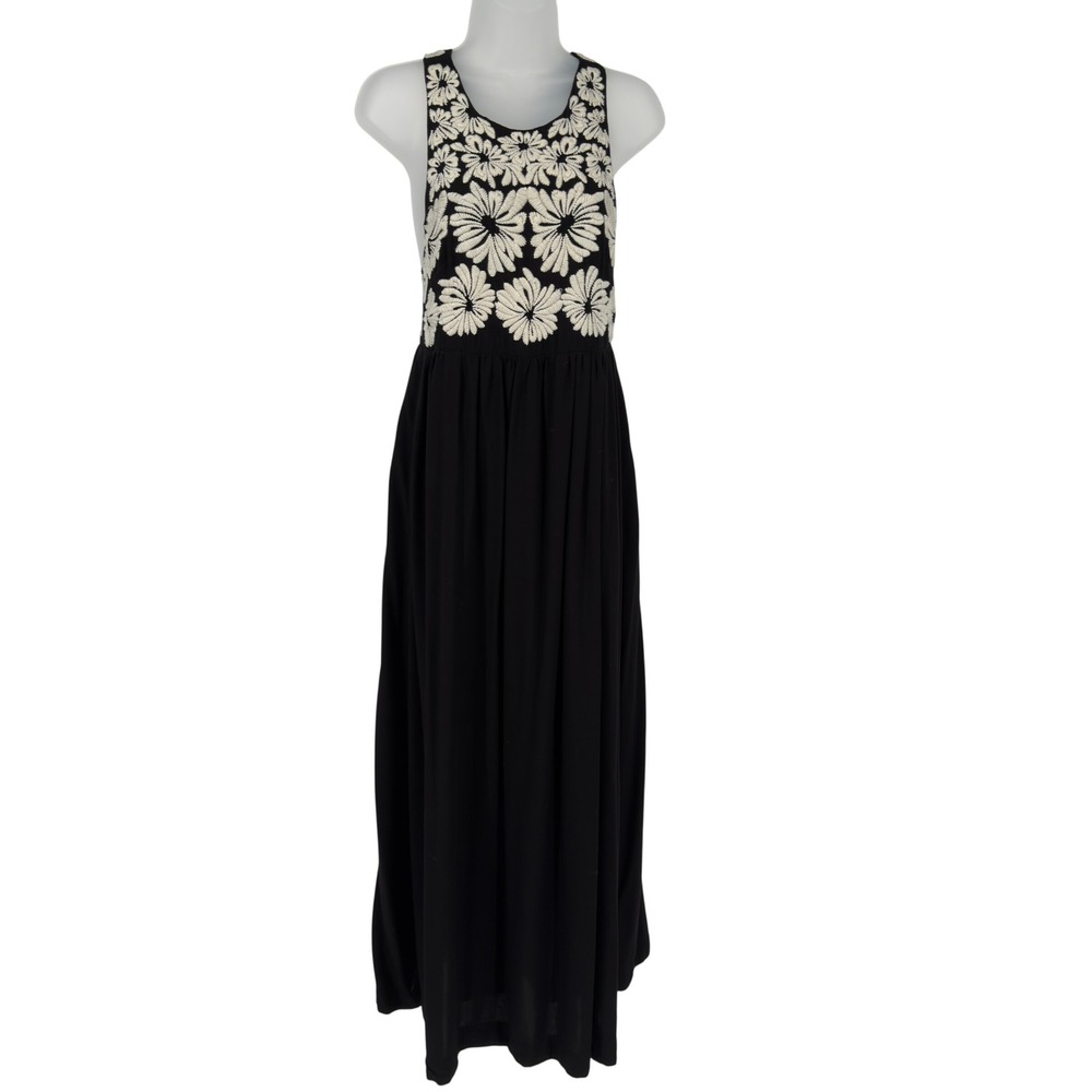 Anthropologie Black Embroidered Floral Maxi Dress Boho Open Back Sleeveless